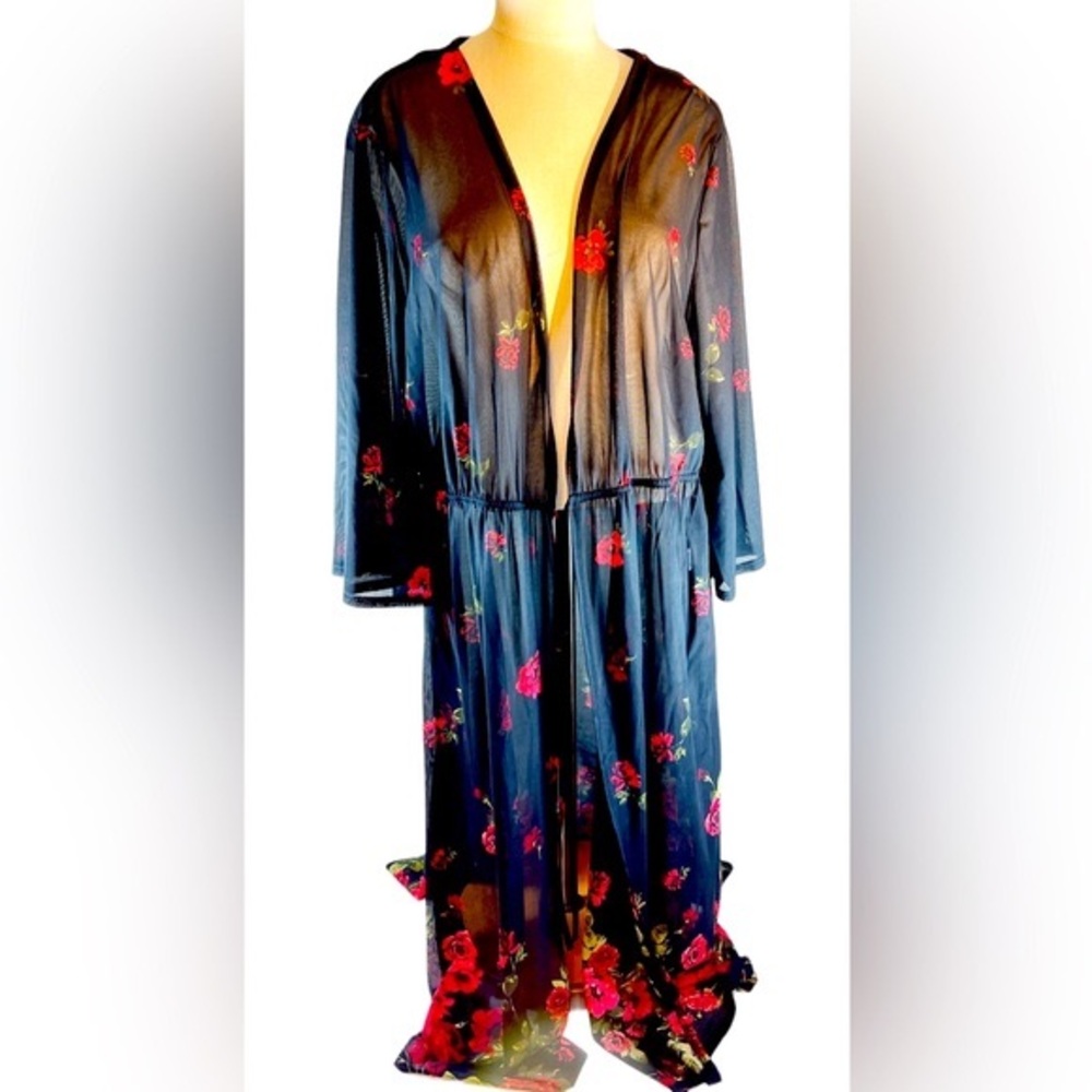 Siren Lily Womens Black Red Rose Sheer Full Length Robe Size 2X Boudoir‎ …